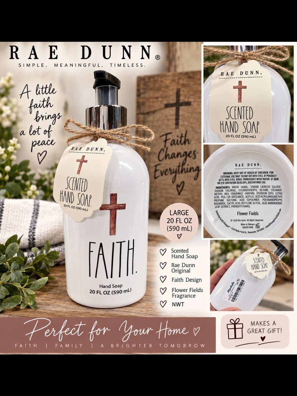 Rae Dunn Faith Scented Hand Soap – White with Brown Cross